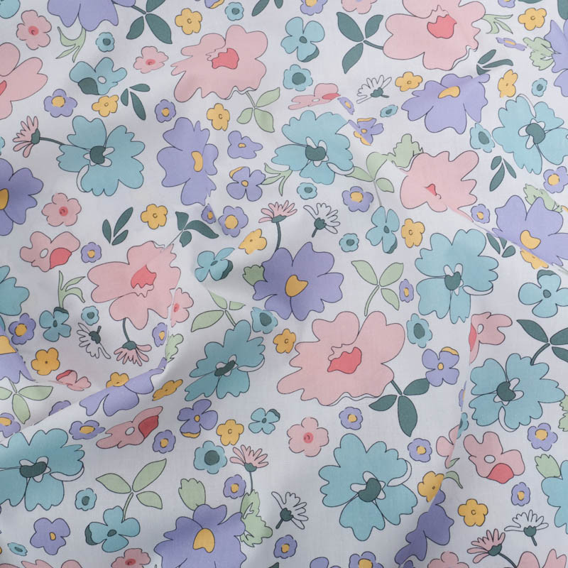 Popeline Imprimée Lily Bleu Rose - Maison klem